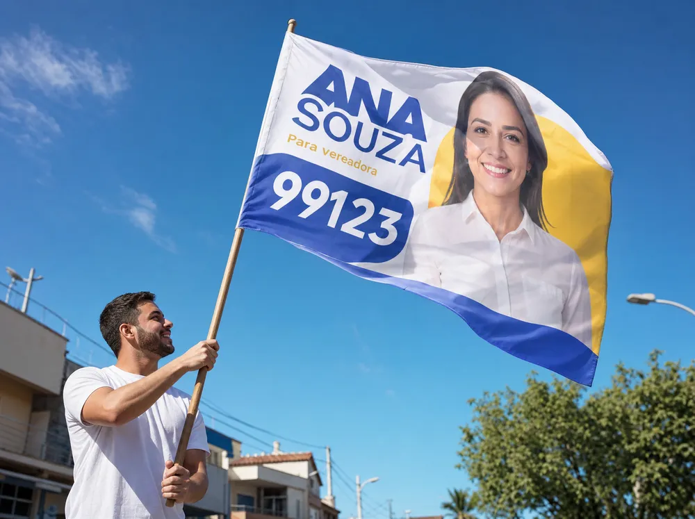 Bandeira de tecido com candidata fictícia