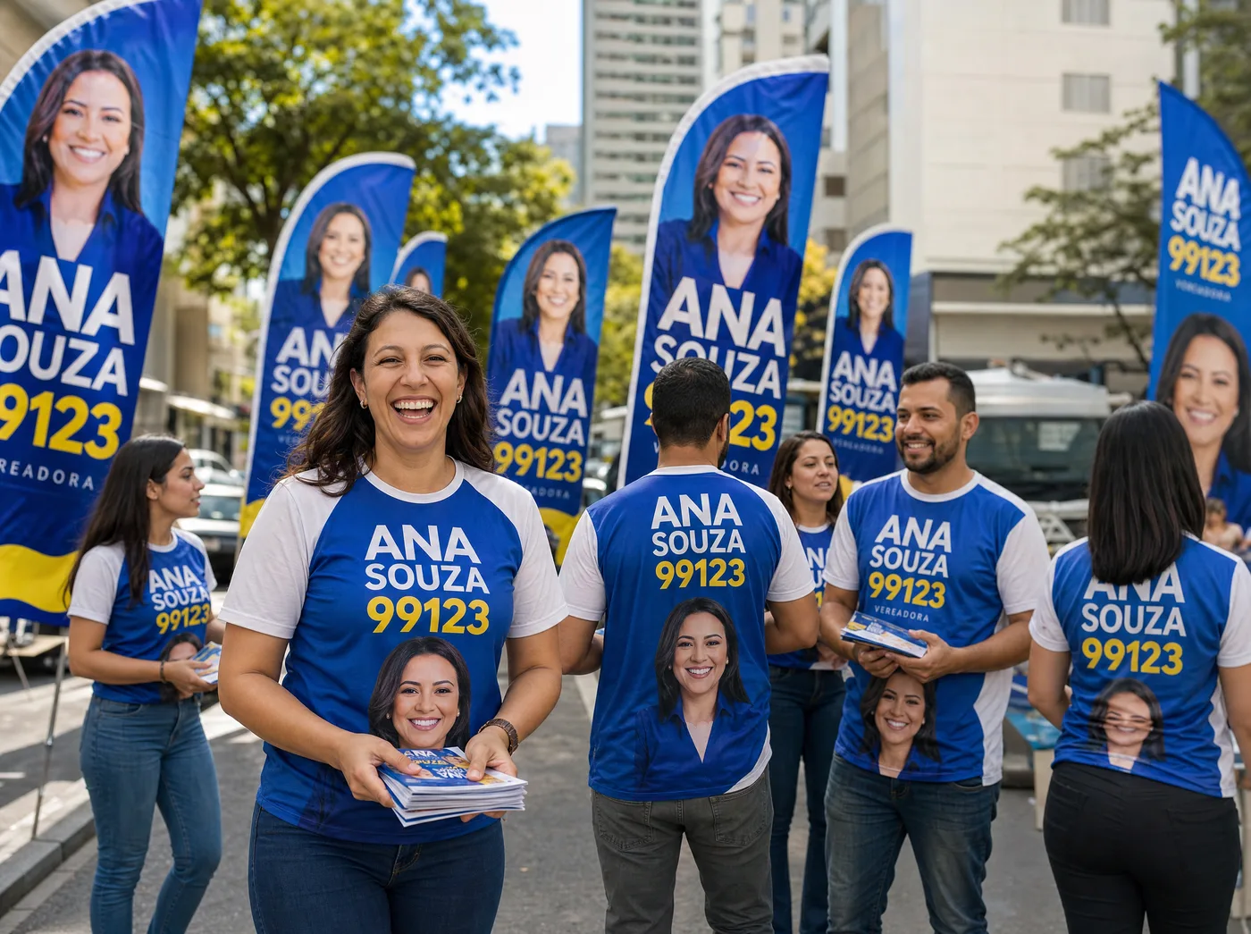 Equipe de campanha com camisetas personalizadas e wind banners do candidato