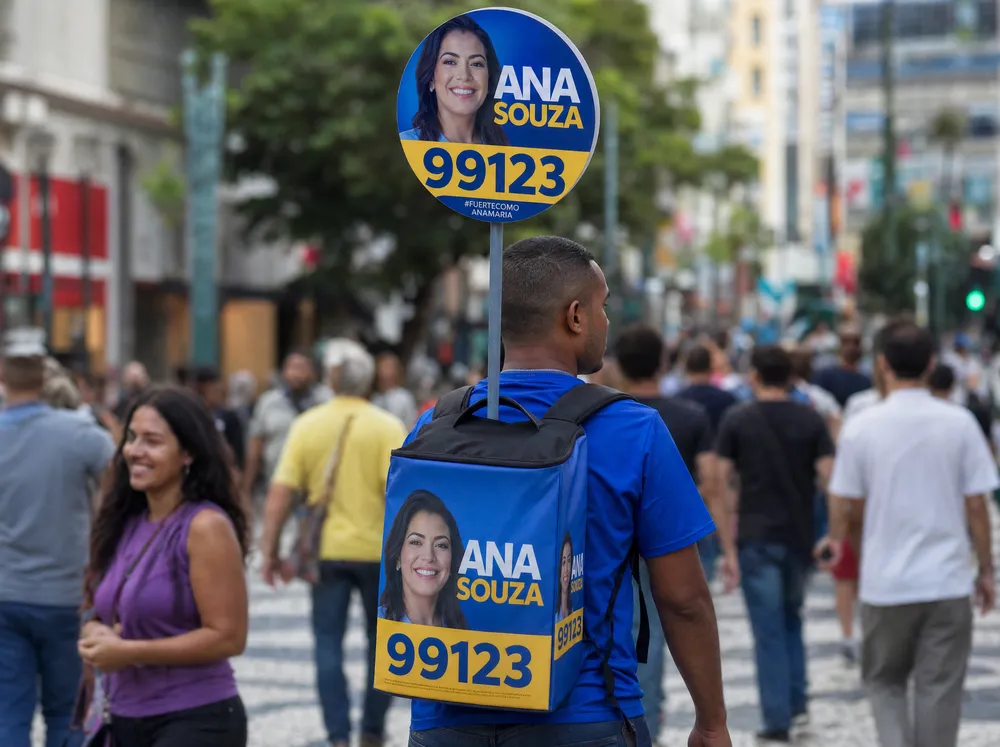 Mochila pirulito com candidata fictícia