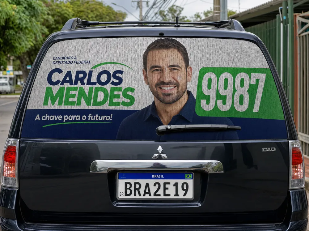 Adesivo perfurado grande em SUV com candidato fictício